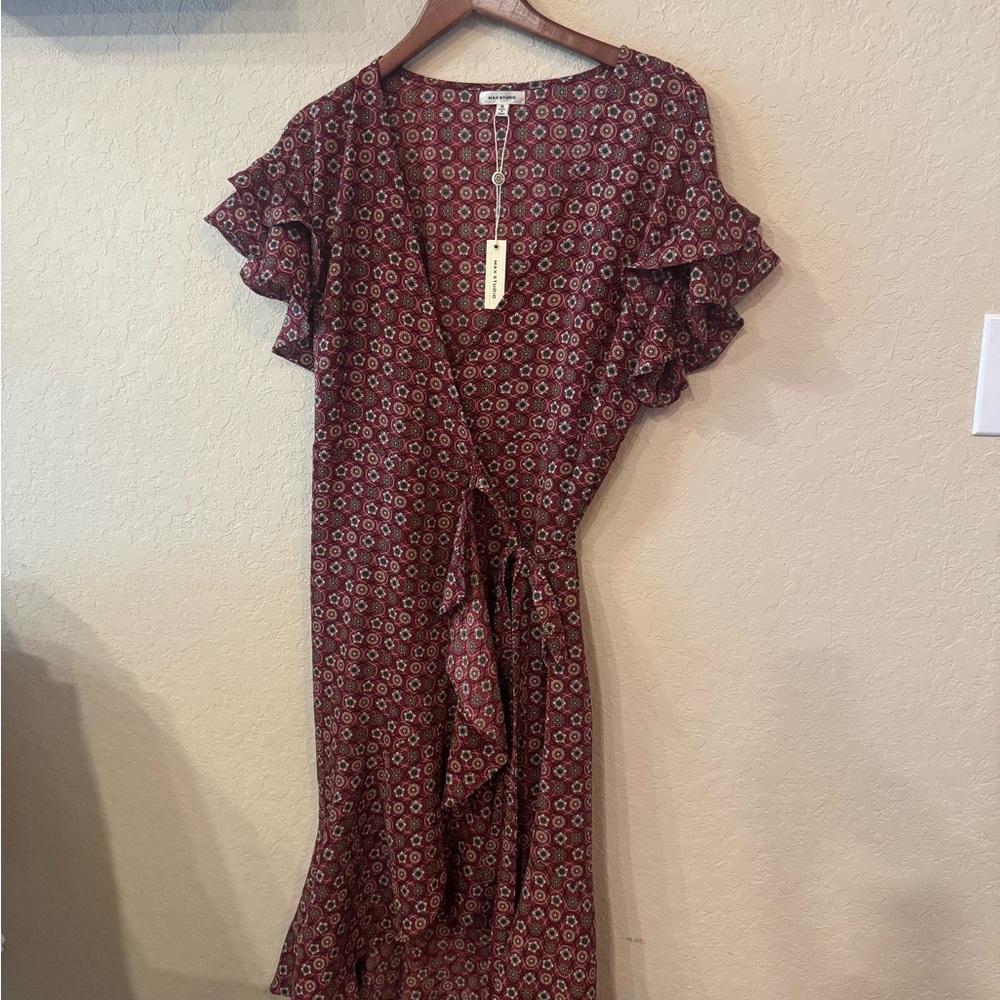 Max Studio Red Ruffled Wrap Midi Dress